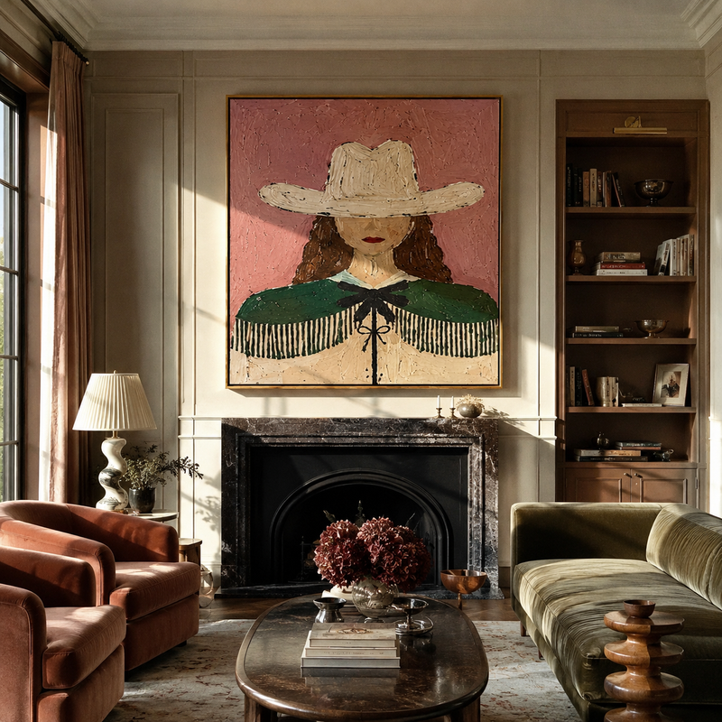 "White Hat Guards Curls" - Green Cape Cowgirl Painting | Pink White Black Vintage Americana Square Wall Art