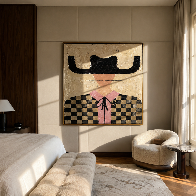 "Checkered Fields Hold Pink" - Checkered Cowgirl Portrait Painting | White Black Pink Vintage Americana Square Wall Art