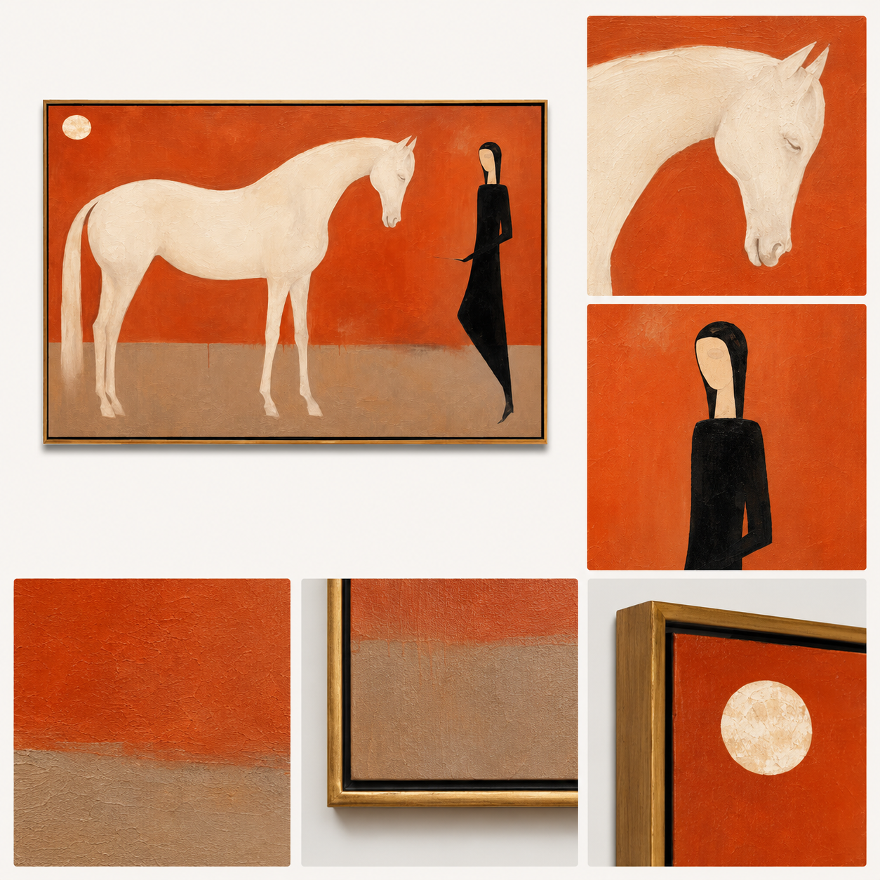 "Moonlit Keeper" - White Horse & Figure Painting | Terracotta Minimalist Figurative Wall Art