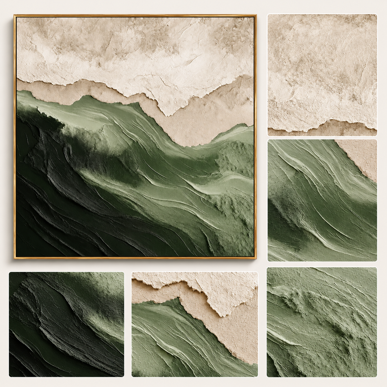 "Forest Ridge" - 3D Wabi-Sabi Mountain Relief | Green Beige & White Square Textured Art