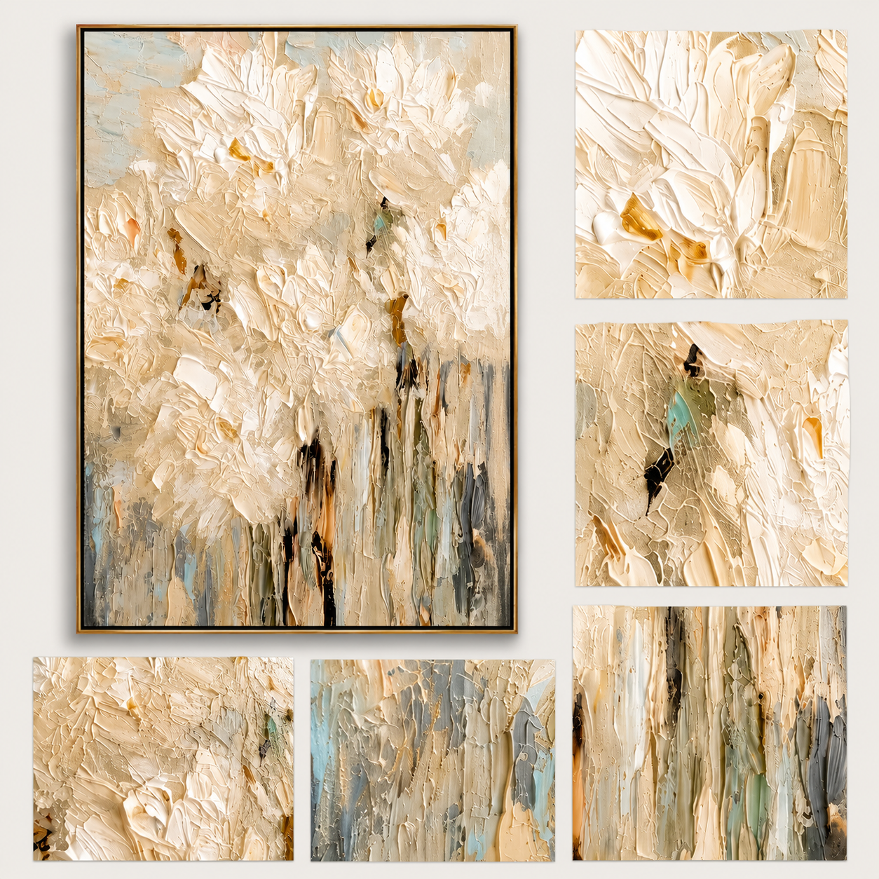 "Ivory Bloomfall" - White Impasto Floral Painting | Beige Textured Vertical Flower Wall Art
