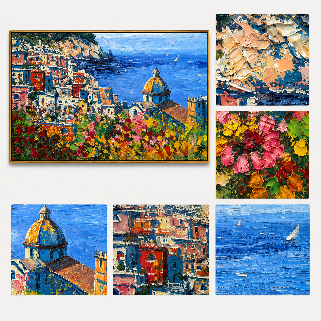 "Amalfi Bloom" - Colorful Mediterranean Coastal Landscape | Blue Sea & Floral Village Wall Art
