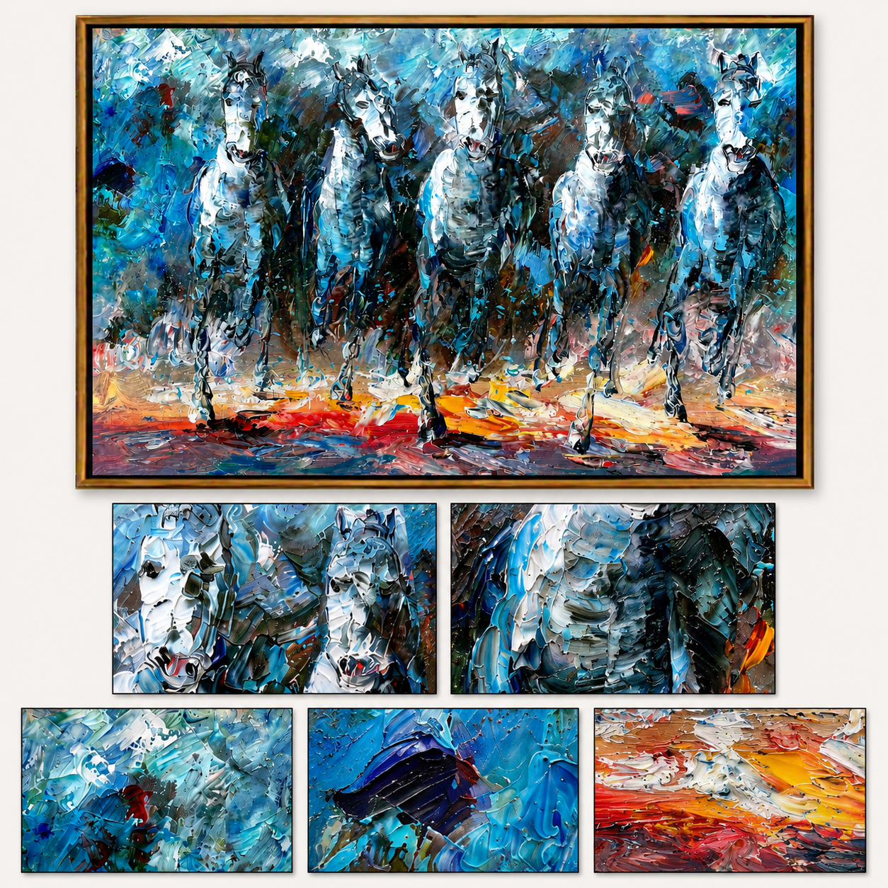 "Blue Procession" - Textured White Horse Herd Painting | Blue Black & Red Horizontal Equestrian Art