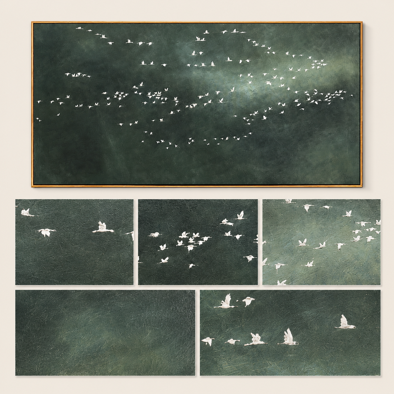 "Distant Flock" - Minimalist Bird Landscape Painting | Dark Green Horizontal Wall Art