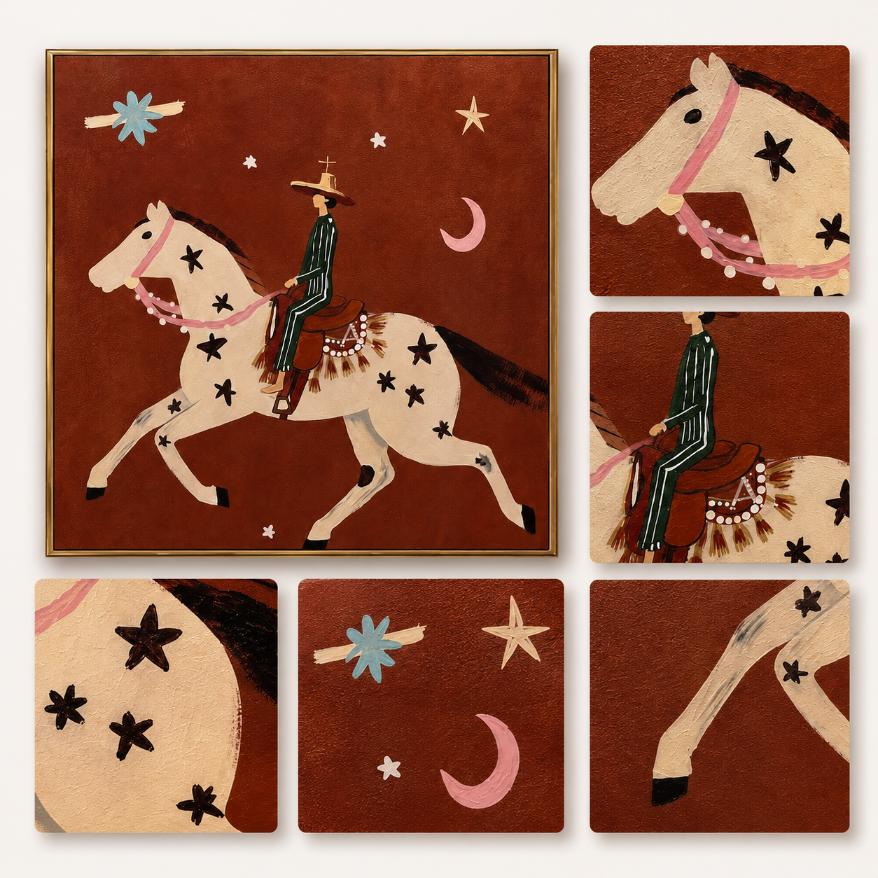 "Moonlit Rider" - Whimsical Horse & Cowboy Painting | Rust Red Western Animal Wall Art
