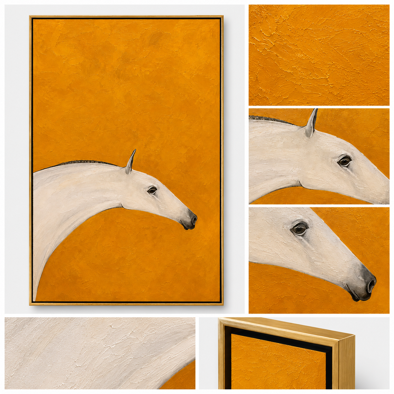 "Ochre Mare" - Minimalist White Horse Painting | Golden Yellow Vertical Animal Wall Art