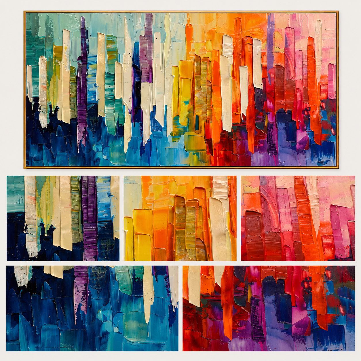 "Chromatic Skyline" - Colorful Abstract Cityscape Painting | Rainbow Vertical Forms Wall Art