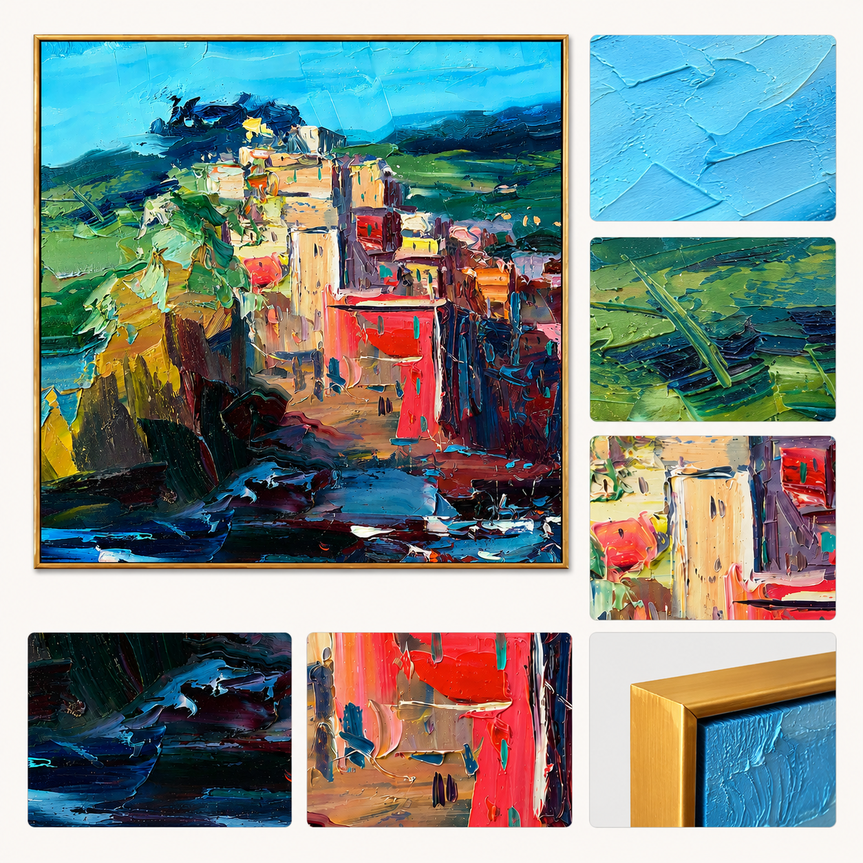 "Coastal Blocks" - Colorful Impasto Village Landscape | Blue Green & Coral Square Wall Art