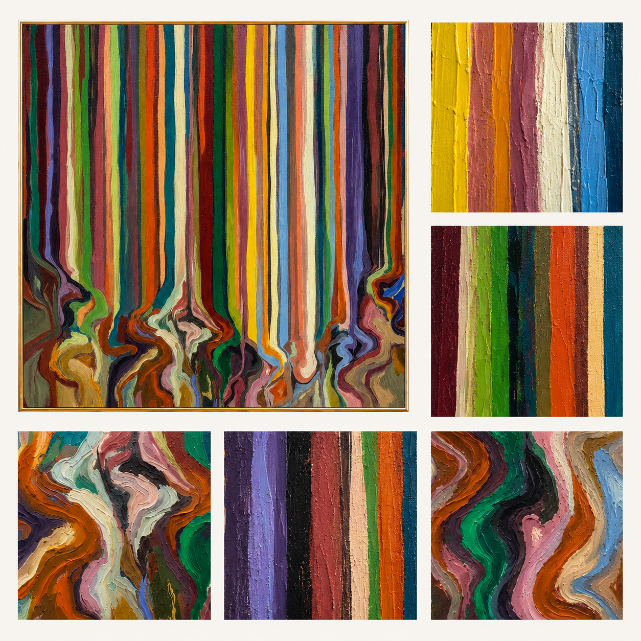 "Drifted Spectrum" - Colorful Vertical Stripe Abstract | Multicolor Square Drip Wall Art