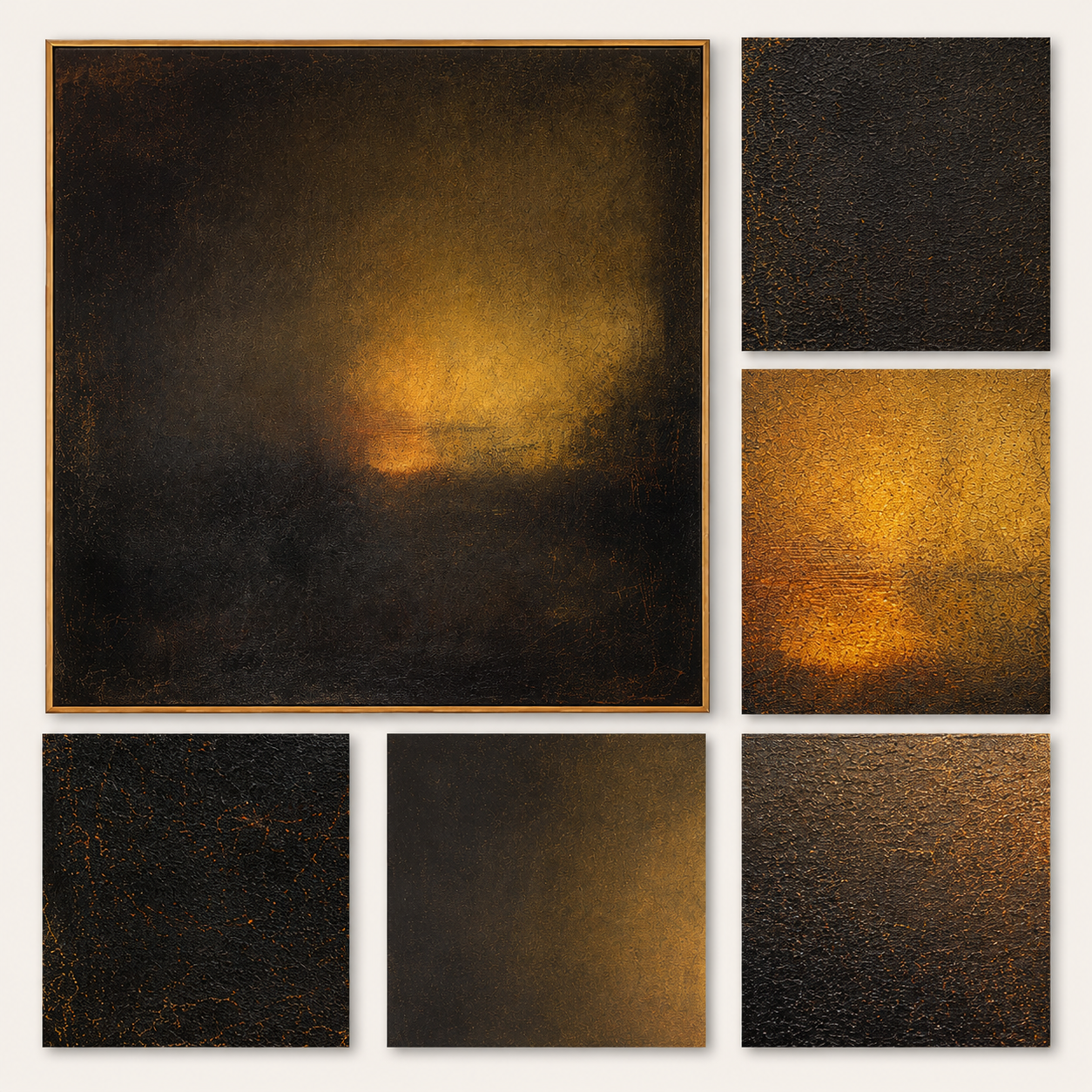 "Amber Nocturne" - Dark Abstract Glow Painting | Black Brown & Gold Square Wall Art
