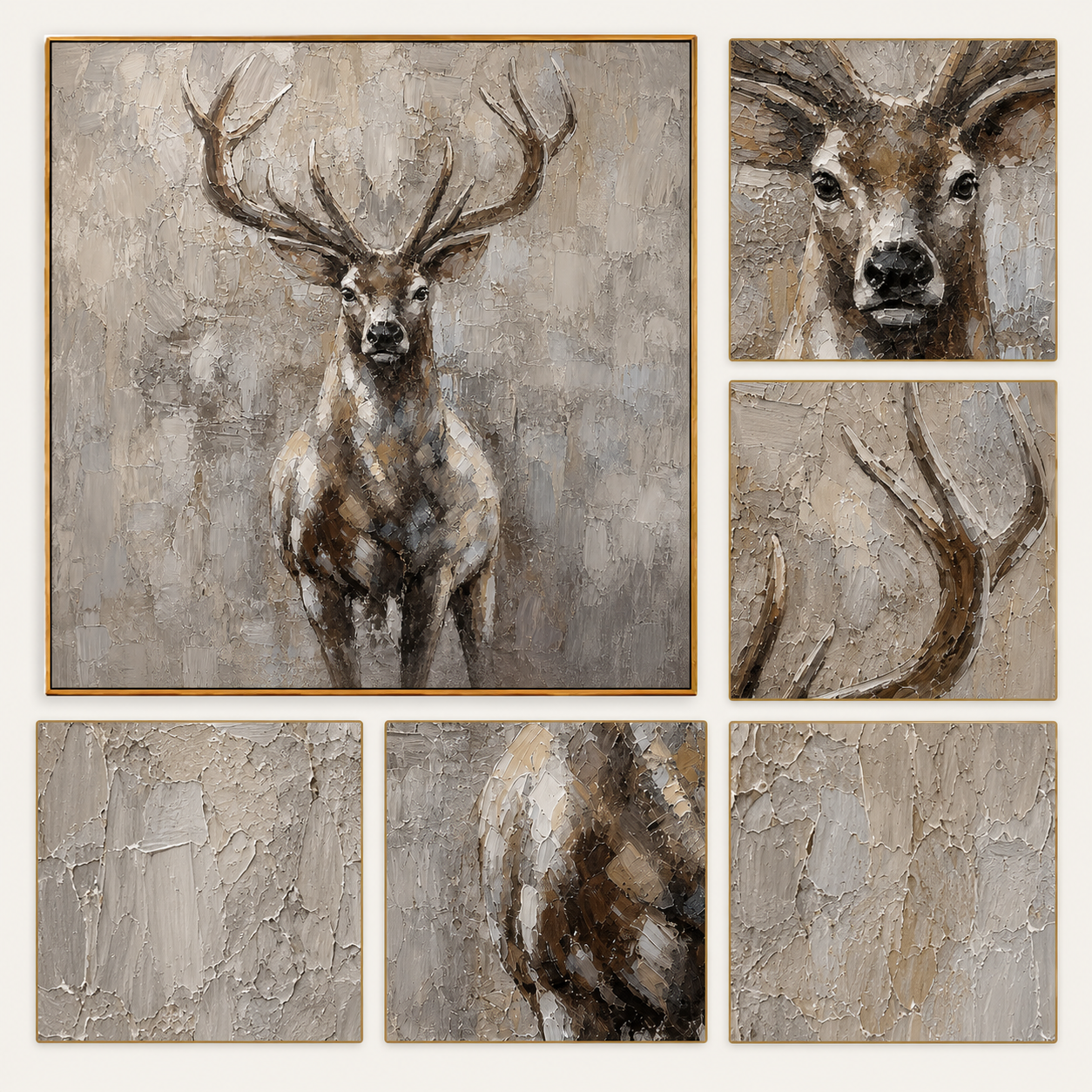 "Quiet Stag" - Textured Deer Portrait Painting | Beige Brown & Grey Vertical Animal Wall Art